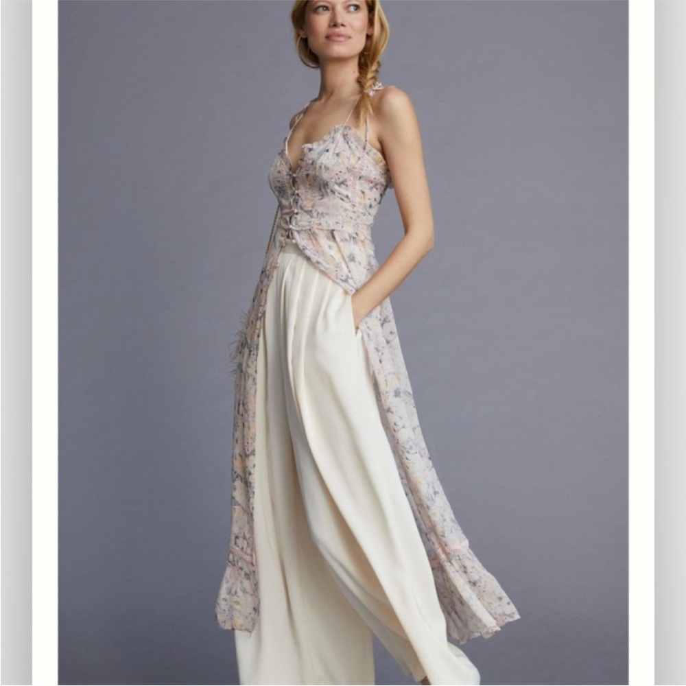 Anthropologie Sheer Curtain Top in Neutral Motif